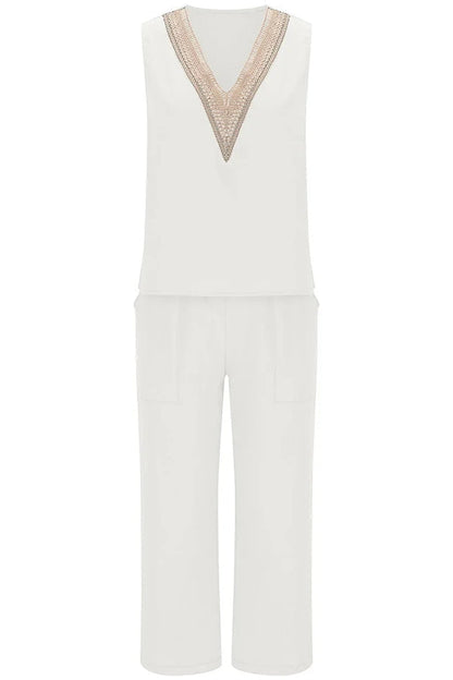 Mchoice Women's Summer Outfits Fashion V-neck Solid Color Sleeveless Tops and Loose Pocket Pants Suit