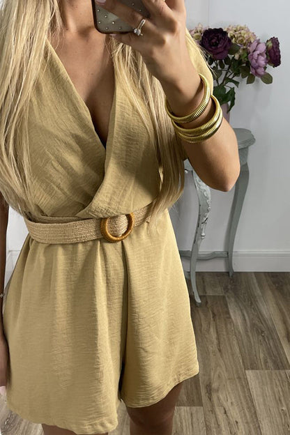 Raffia Belt V-Neck Puff Sleeve Playsuit