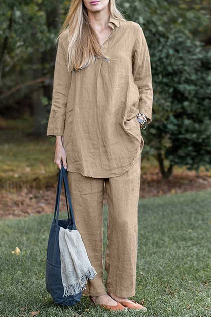 Solid color elegant retro loose lapel long sleeve shirt wide leg pants casual suit