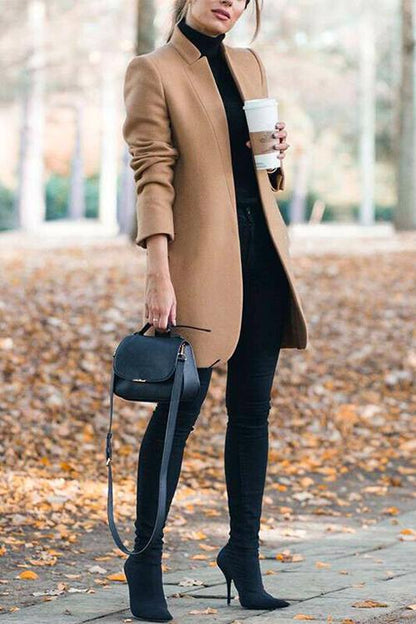 Ellen Stand Collar Open Front Pockets Coat