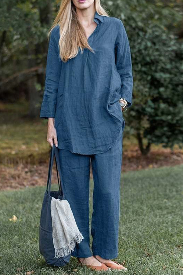 Solid color elegant retro loose lapel long sleeve shirt wide leg pants casual suit