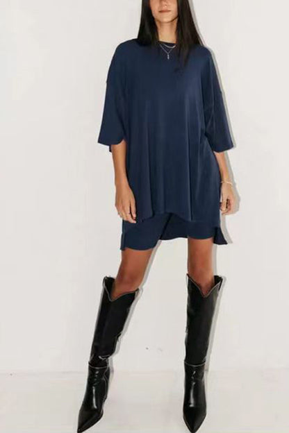 Fashion solid color loose fitting T-shirt+tight shorts for women